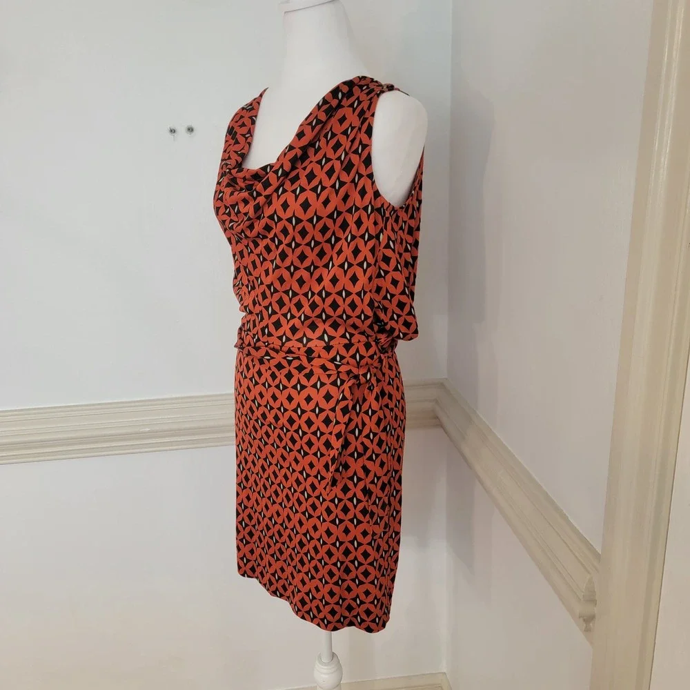Diane‎ von Furstenberg Silk Dress Geometric Print Cowl Neck Orange Black Women 0